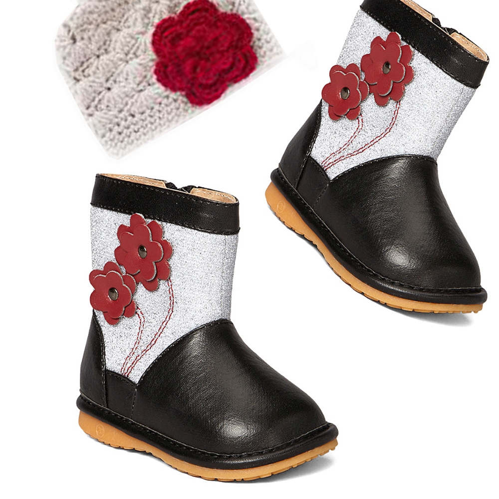 Silver & Black Floral Glitter Squeaker Boot 6, 7